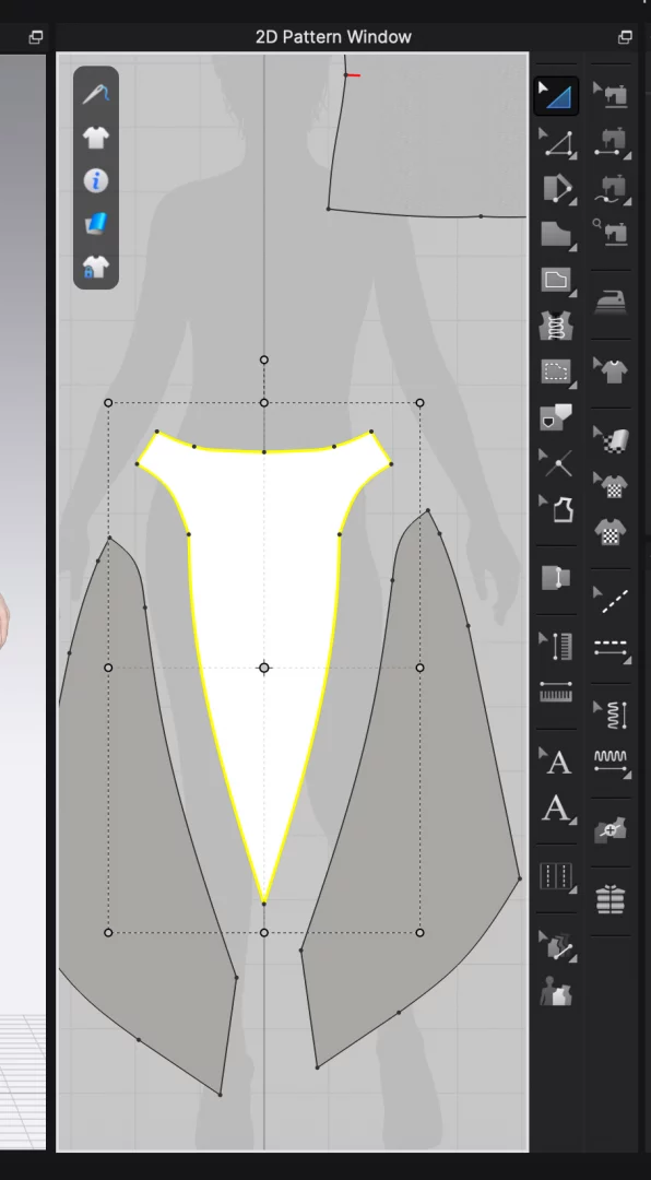 Nahaufnahme des 2D Pattern Windows in CLO 3D