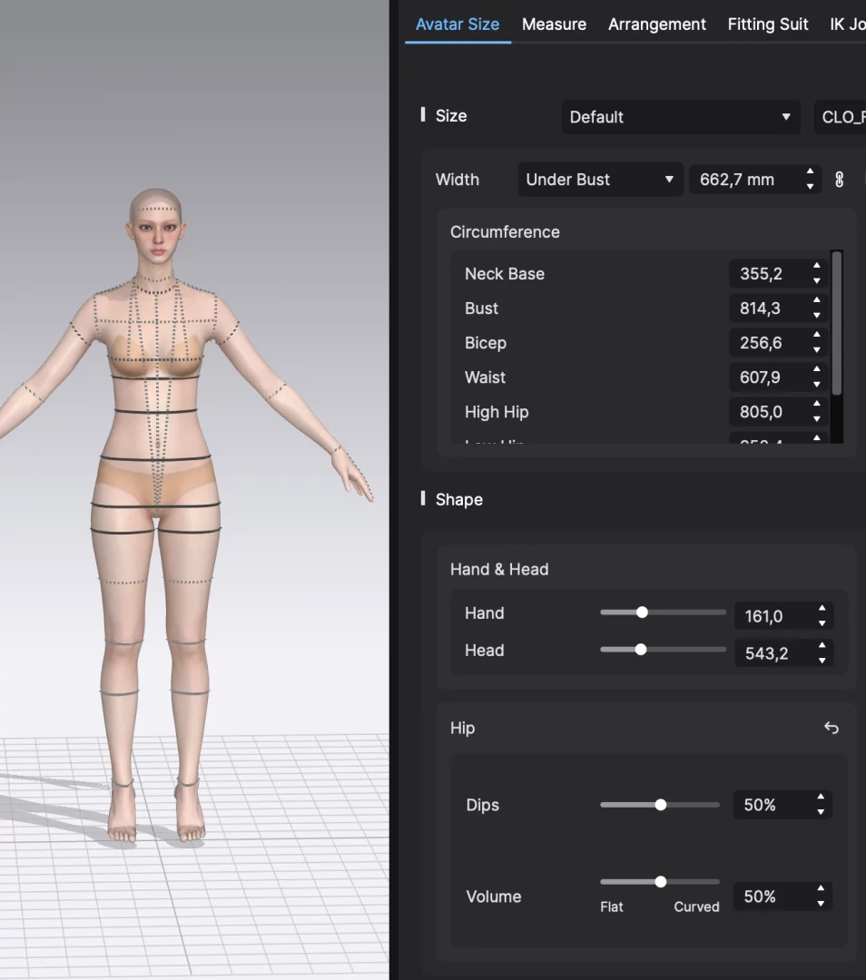 Detaillierte Maßtabelle eines CLO 3D Avatars